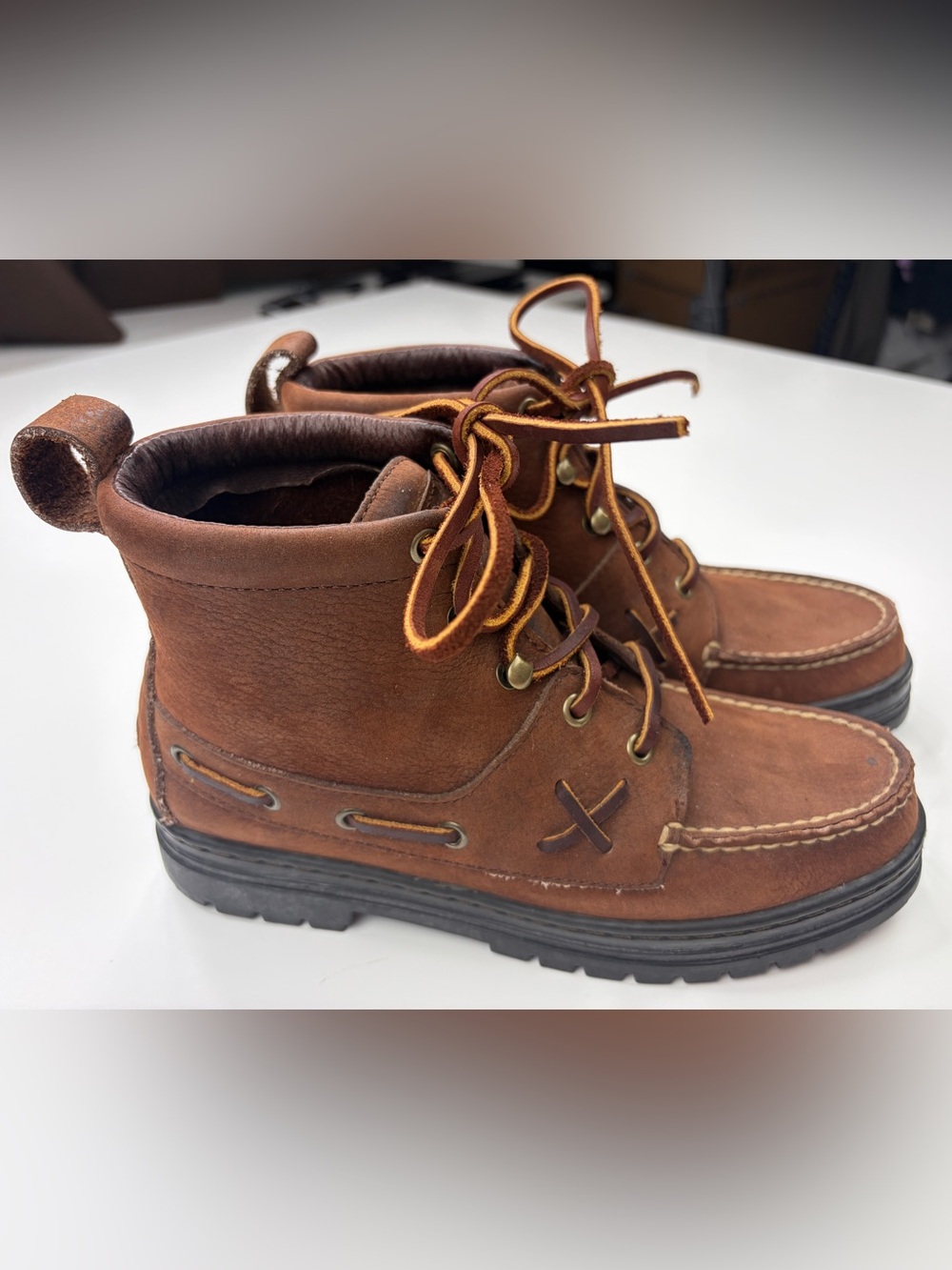 Vintage Ralph Lauren Polo Sport Brown Leather Moc Toe Chukka Boots EUC sz 6.5
